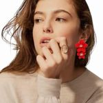 Red Double Flower Drop Earrings Gold Center Statement Summer Beach NWOT Photo 0