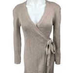 WAYF Women's Beige Ribbed Knit Long Sleeve Wrap Tie Mini Sweater Dress Size M Photo 0