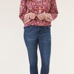 Democracy Blouson Sleeve Ruffle Shoulder VNeck Print Knit Top Size Medium Bold Photo 0