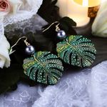 Bohemian Style Green Leaf Drop Earrings With Imitation Pearl Hollow Photo 0