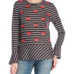 Nanette Lepore  Beaded Kisses Striped Long Bell Sleeve Peplum Top Large Gray Photo 1