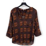Collective Concepts  Brown and Navy Patchwork Print Blouse Size Small Photo 0