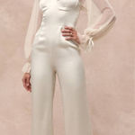LULU’S Gracefully Modern Ivory Satin Mesh Long Sleeve Bustier Jumpsuit White Photo 0