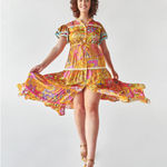 Celia B Lobelia Dress XS Multicolor Floral Midi Pom Pom Trim Boho Orange Photo 0