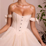 Oh Polly Off Shoulder Tulle Skirt Mini Dress in Ivory Photo 0