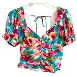 Lulus NWT Hues of You Teal Multi Floral Print Ruched Puff Sleeve Top Size XS Photo 2