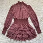 Bardot Dress Georgette Soft Floral Tiered Shirred Mini Long Sleeve Pink M Photo 4