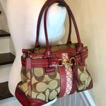 Coach Hampton Signature Logo Canvas Red Leather Shoulder Bag Rare Photo 2