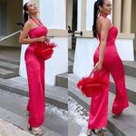 ZARA SATIN EFFECT CUT OUT DETAIL HALTER WIDE LEG JUMPSUIT RED SIZE L NEW Photo 1