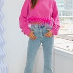 Altar'd State Feather Trim Sweatshirt Altar’d state Women’s size Medium Hot Pink Super Soft Photo 3
