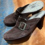 UGG  Isabella Brown Suede Heeled Mule Sheepskin Lined Photo 0