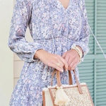 Spartina 449 Purple Floral Kyrsten Smocked Waist Long Sleeve Dress Pockets XS Photo 0