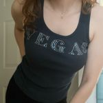 Vintage Y2K Ribbed Graphic‎ Embellished Vegas Tank Top Size Small Blue Photo 0