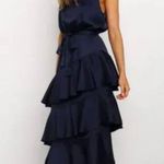 Petal and Pup  Navy Blue Satin Seychelle Ruffle Tiered Midi Dress 12 Photo 2