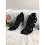 Jessica Simpson Black Suede Open-toe Stiletto Heel Gold Button Straps Zip Back9M Photo 6