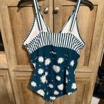 BloomChic Plus Size One Piece Swimsuit Floral Striped Crisscross Front Teal Blue Photo 1