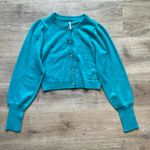 Free People  100% Cashmere Cardigan Teal Puff Sleeve Pearl Buttons S Photo 1