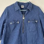 Anne Klein  1/4 Zip Pullover Chambray Top Blouse 3/4 Sleeve Blue Measures As Sz L Photo 1