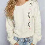 POL Small Floral Embroidered Cable Knit Sweater Cottagecore Cream Cozy Photo 0