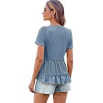 Grace Karin  Short Sleeve Top Small Blue V Neck Ruffle Peplum Waffle Knit Photo 2