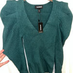 EXPRESS  NWT Stretch Ribbed Emerald Green Sz XXS V-Neck Long Puff Sleeve Sweater Photo 0