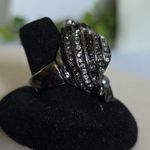 Statement Gunmetal Silver Seashell Stretch Ring with Pearl and Rhinestones Photo 2