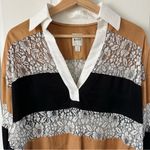 Maeve Anthropologie Lace Long Sleeve Paneled Cropped Rugby Top Black Tan Size S Photo 4