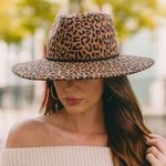 NWT Olive & Pique Leopard Print Wool Wide Brim Fedora Hat Tan Black Boho Fall Brown Photo 1
