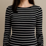 Vince Camuto  Black & White Striped Long Sleeve Ruched Top XS Nautical Preppy Photo 0
