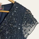 Adrianna Papell  Midnight Blue Sequin Beaded Cap Sleeve V-Neck Formal Gown Photo 6