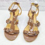 Tignanello Patent Leather Wedge Sandals 10 Open Toe Buckles Straps Tan Brown Photo 1