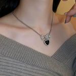 Women's Rhinestones Bow Black Love Heart Pendant Necklace Silver Photo 1