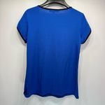 Adrienne Vittadini Blue Blouse Black Trim Short Sleeves Silver Logo Detail Photo 1