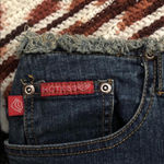 Y2K 2000s Mcbling Trendy Faded Frayed denim jean mini midi knee length skirt front slit whimsygoth #grunge #preppy #officesiren #academia Size 9/31 Photo 4