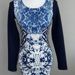 Peppermayo Woman’s Long sleeve Dress Sz 6 Blue White Abstract Asymmetrical Hem Photo 0