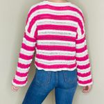 89th and Madison Pink & White Striped Cropped Flare Sleeve Crochet Sweater Photo 6