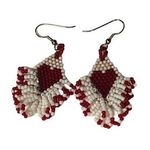 Vintage Red & White Beaded Fringed Heart Love Dangle Earrings Red Photo 0
