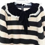 ZARA Black Cream Striped Velvet Lace Trim Bow Collar Sweater Size Small Photo 3