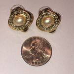 Elegant Vintage Gold Tone and Faux Pearl CZ Rhinestone Earrings Photo 1