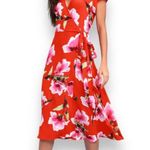 Lulus  Red Love Will Travel Floral Tropical Short Sleeve Wrap Dress Small EUC Photo 4