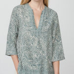 Sigrid Olsen Linen Blouse Size L Teal White Floral Boho Resort Vacation Chic Photo 0