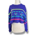 Vintage 90s Summit County Neon Purple Aztec Knit Cropped Crewneck Sweater Small Photo 1