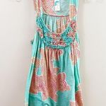 Anthropologie C Keer Abstract Beaded Floral Aqua Blue/Coral Top Photo 1