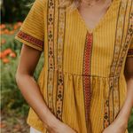 THML  Anthro Short Sleeve Yellow Embroidered Striped Boho Babydoll Top Size Large Photo 0