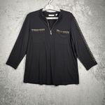 Susan Graver  Blouse M Liquid Knit Studded Zip Front Tunic Black Gold Whimsigoth Photo 2
