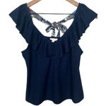 Hem & Thread  Navy Blue Ruffle Neckline Tie Back Shirt Size Small Photo 0