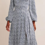 Boden Pleated Skirt Midi Shirt Dress Navy White Floral Long Sleeve Size 4 US Blue Photo 0