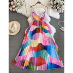 Rainbow Maxi Dress Sleeveless Plisse Party Beach Vacation Colorful size Small Photo 2