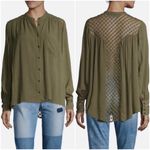 Free People  The Best Blouse Button Down OLIVE Green Gauze Long Sleeve Blouse Top Photo 2