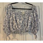 Cynthia Rowley linen cropped tie neck blouse blue toile Small Photo 1